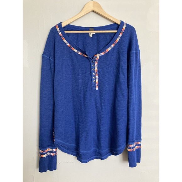 Free People Tops - We the Free - FREE PEOPLE Thermal Embellished Top LARGE Cotton Blue Orange Boho